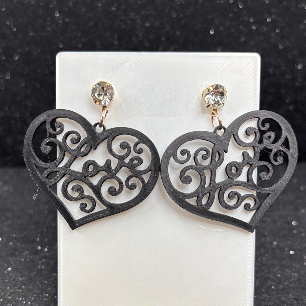 Black “Love” Heart Earrings with Crystal Studs